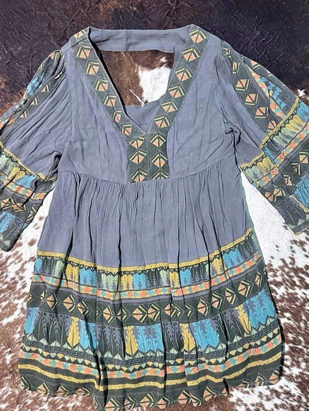 Free People Geometric Mini Dress in Gray & Green Size Medium